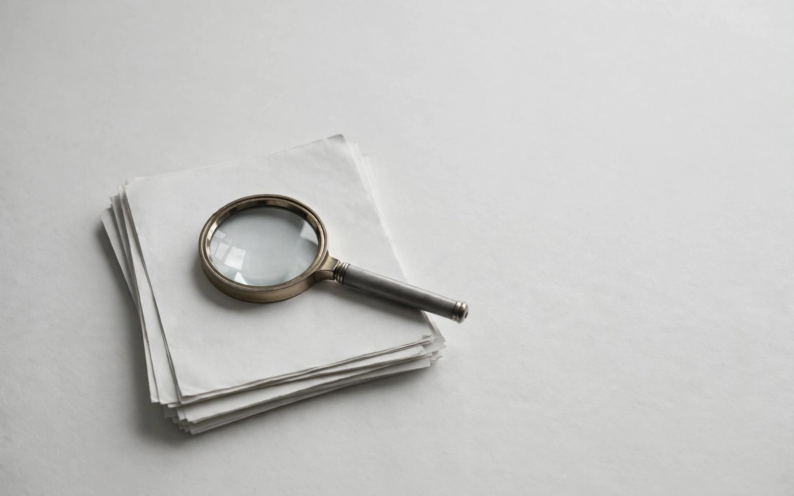 Magnifying glass resting on a stack of plain documents in soft grayscale, illustrating Google's SAFE AI forensic spam investigation system