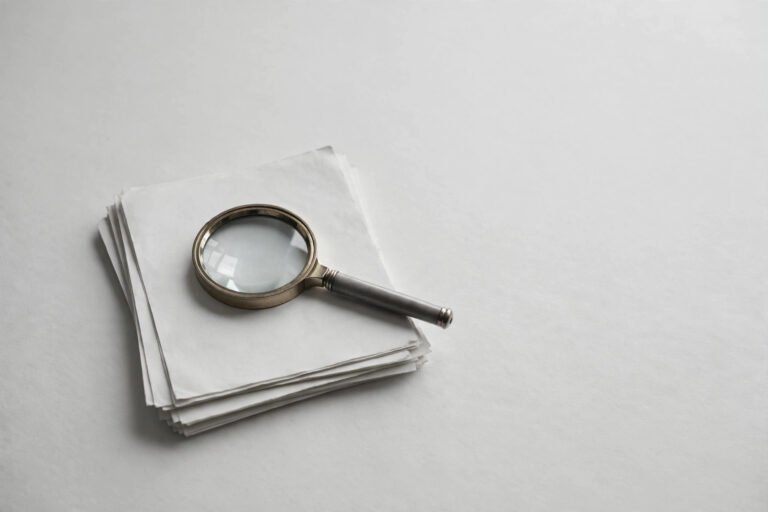 Magnifying glass resting on a stack of plain documents in soft grayscale, illustrating Google's SAFE AI forensic spam investigation system