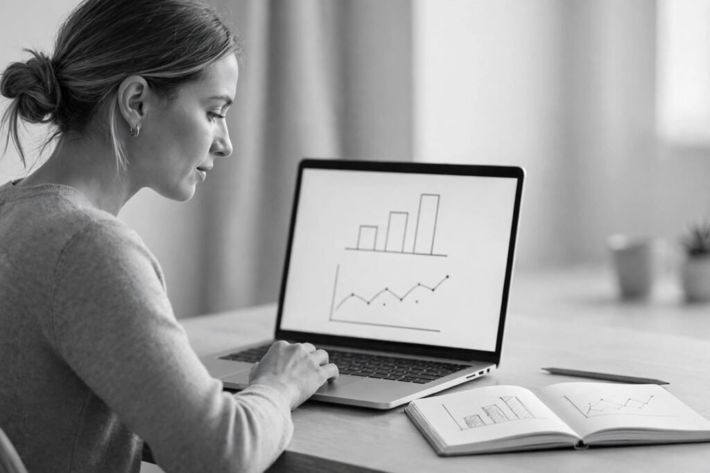 A marketer reviewing blank charts on a laptop beside a notebook, in soft grayscale tones