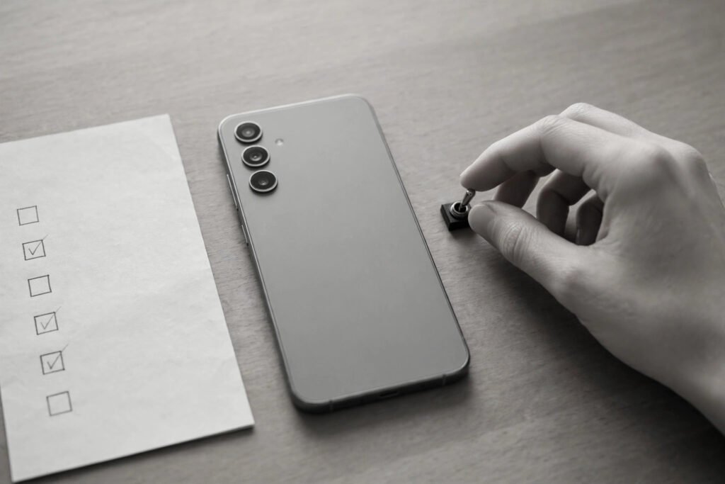 A hand flipping a small toggle switch beside a smartphone and a paper checklist, in soft grayscale tones
