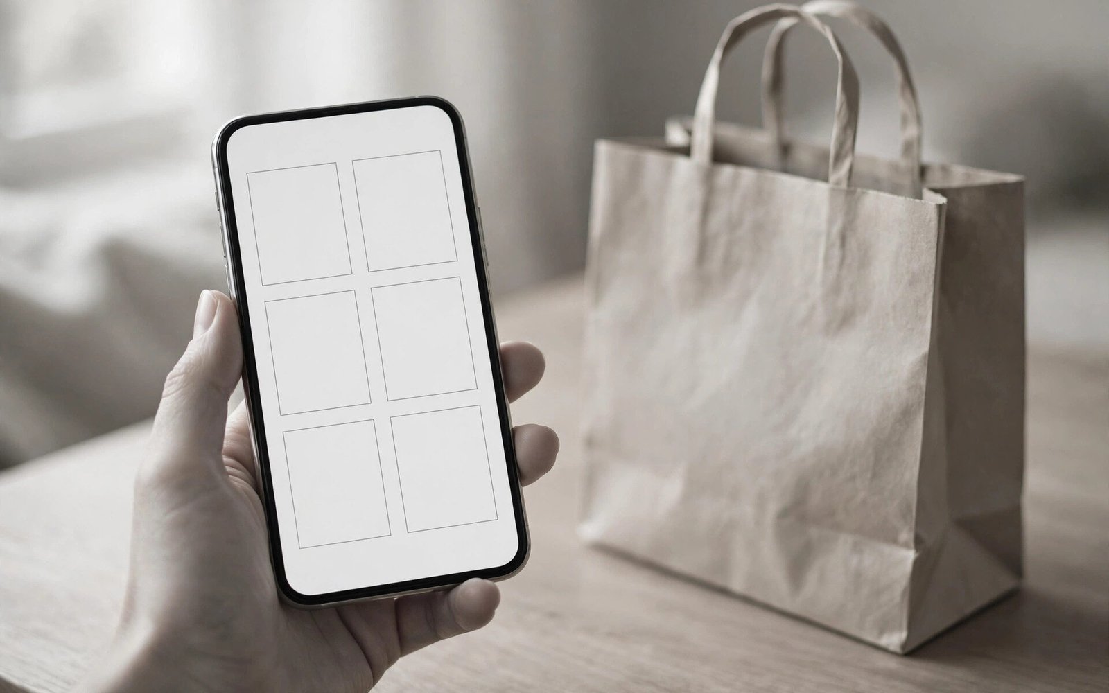 A hand holding a smartphone showing a blank product grid, with a shopping bag beside it, in soft grayscale tones