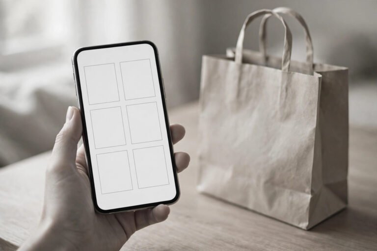 A hand holding a smartphone showing a blank product grid, with a shopping bag beside it, in soft grayscale tones